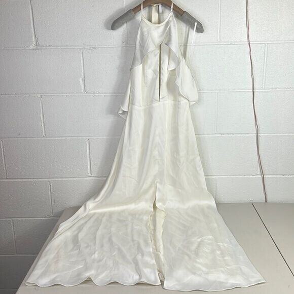 New Jill Stuart Ruffle Halter Gown, ivory, 6 Satin bridesmaid long high slit - Picture 3 of 6